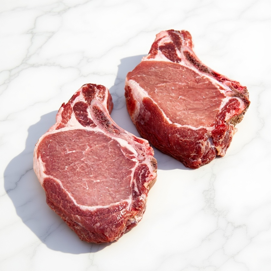 21-day dry-aged Bone-In Pork Chops on white marble